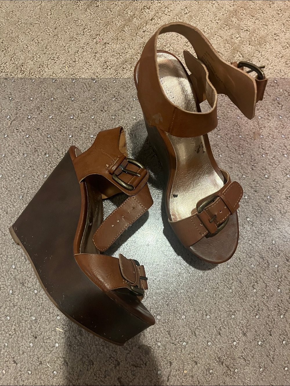 Maden Girl 8Women’s Brown Leather Wedge Sandals with Buckle Straps